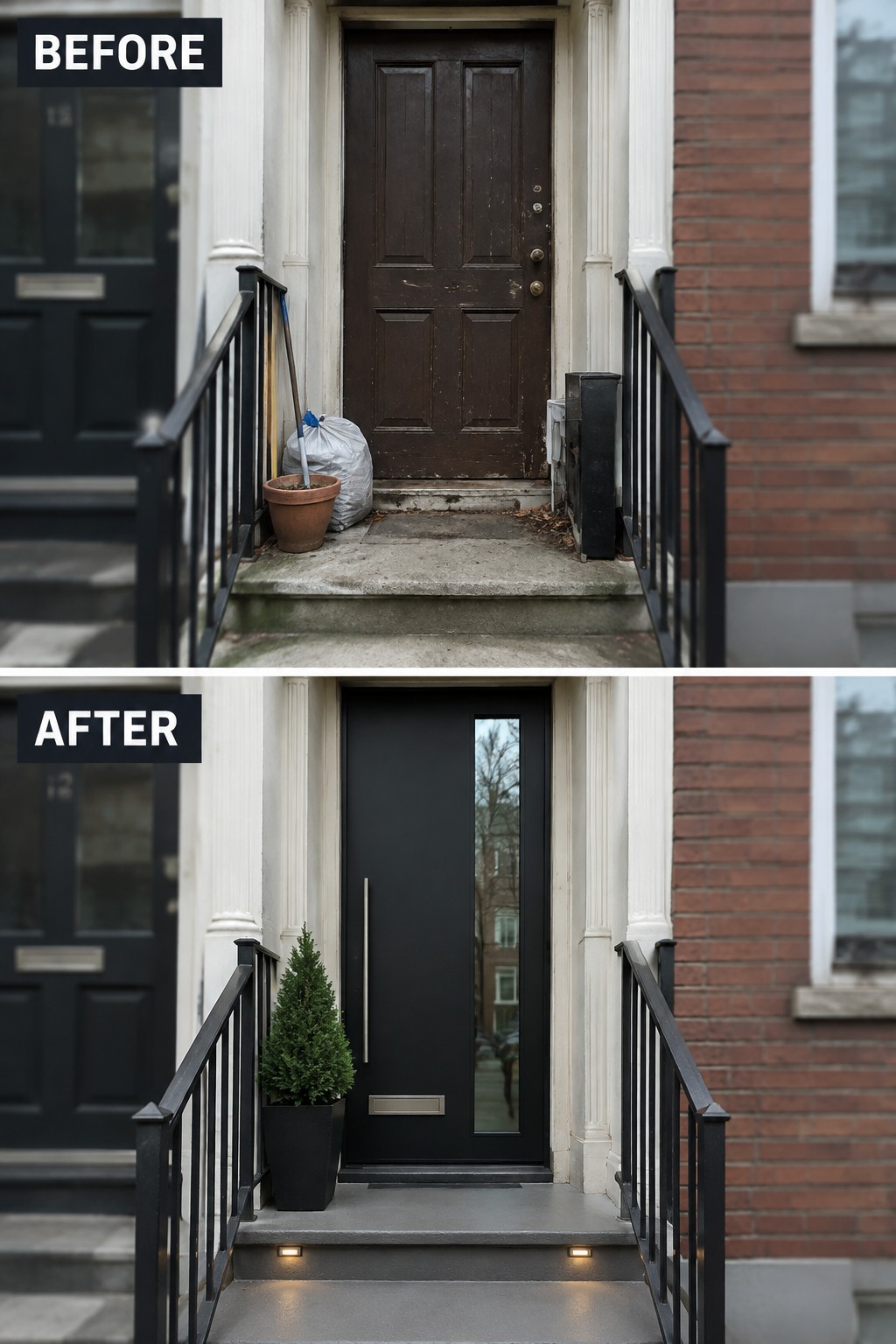 Before and after of front door changed from brown wood to modern black with glass panel