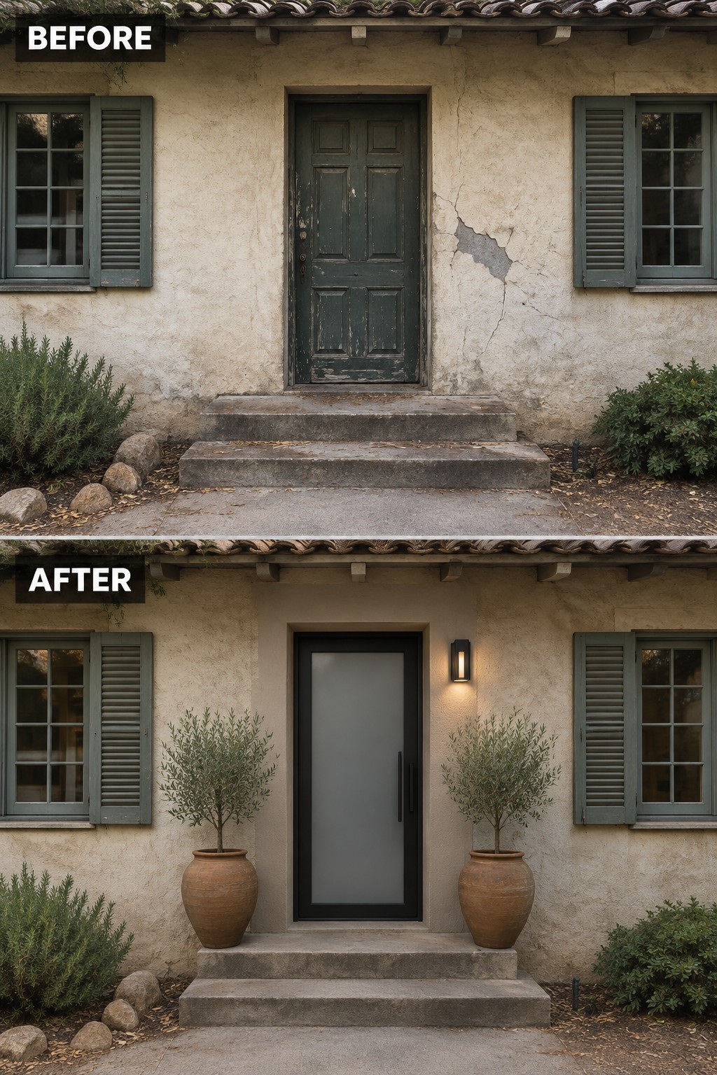 Before-and-after image of a house entry where an old green door is replaced by a modern black door with glass, flanked by two terracotta planters.