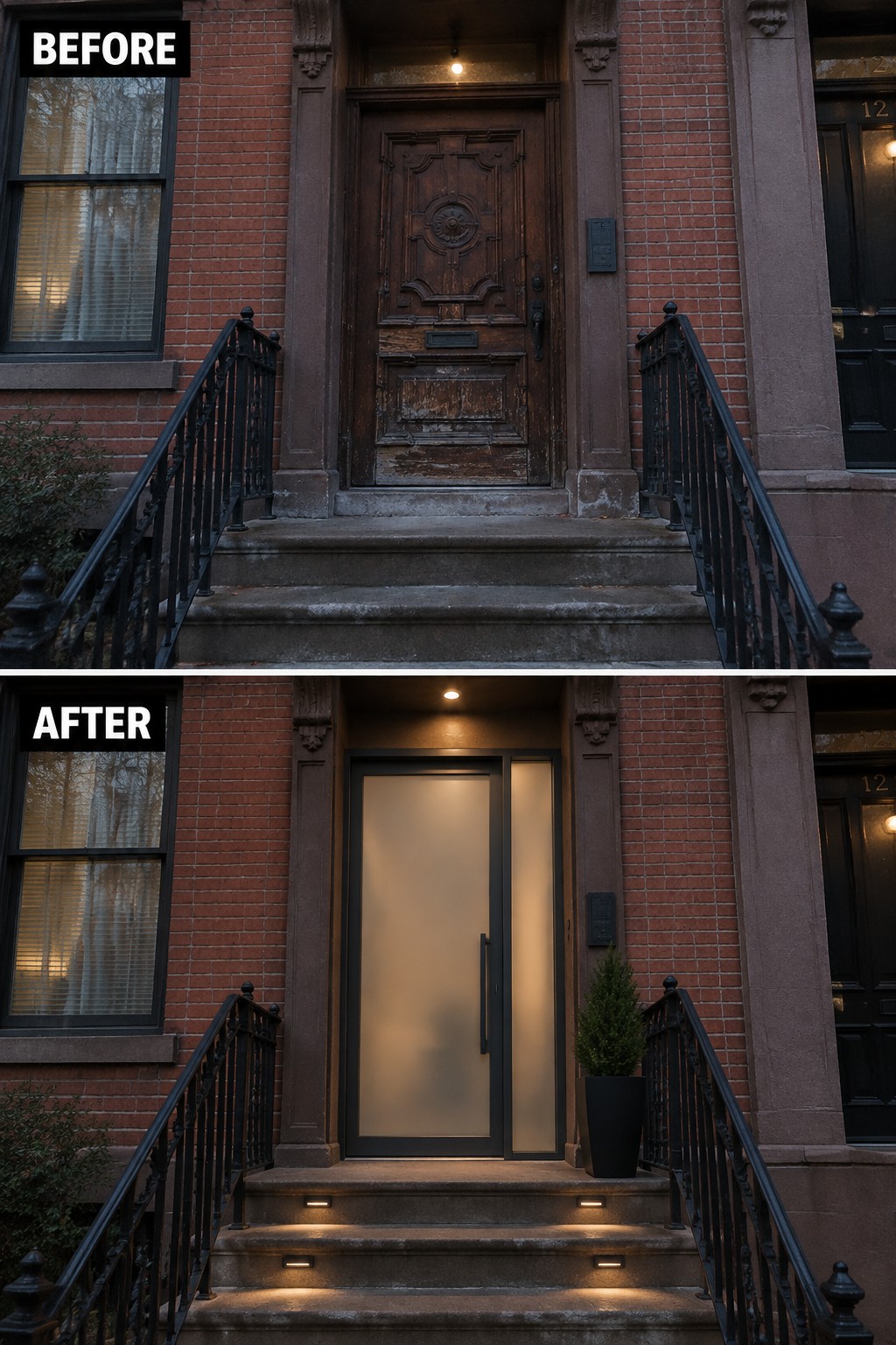 Before and after of brick building entrance with old door replaced by modern glass.