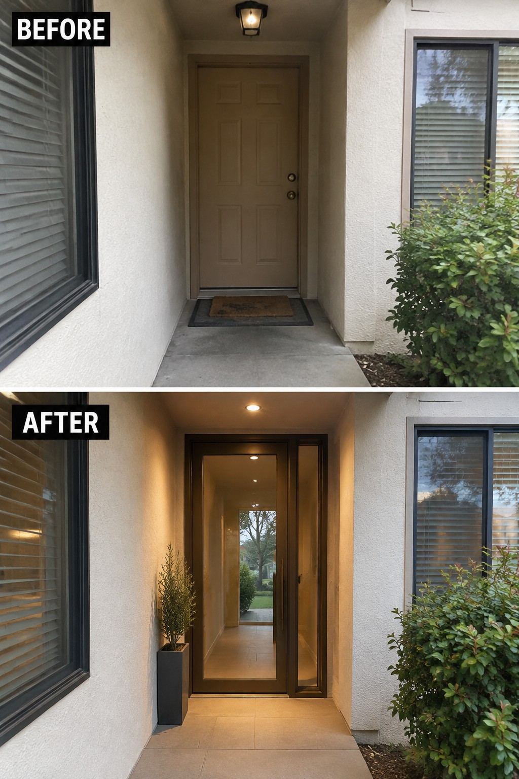 Before and after entryway views showing beige door replaced by modern lit glass doors.