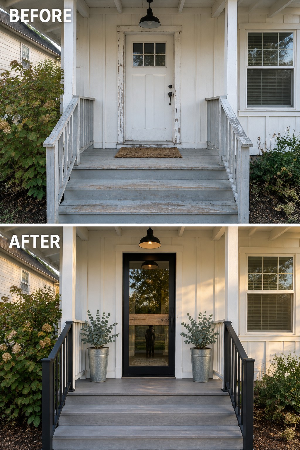 Before-and-after image of a front porch with an old white door replaced by a modern black glass door, updated dark railings, and added potted plants on the steps.