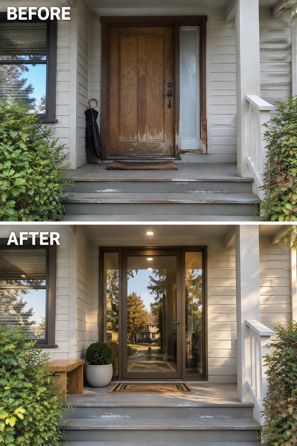 Before and after porch entrance with weathered wood door replaced by modern glass door