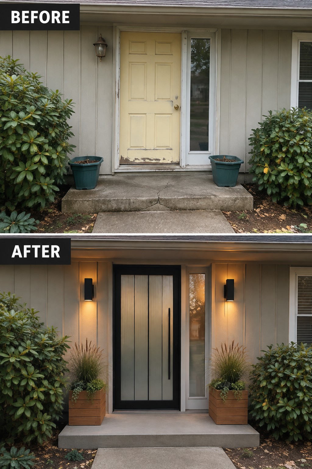 Before and after house entrance with yellow door replaced by modern black door and planters.