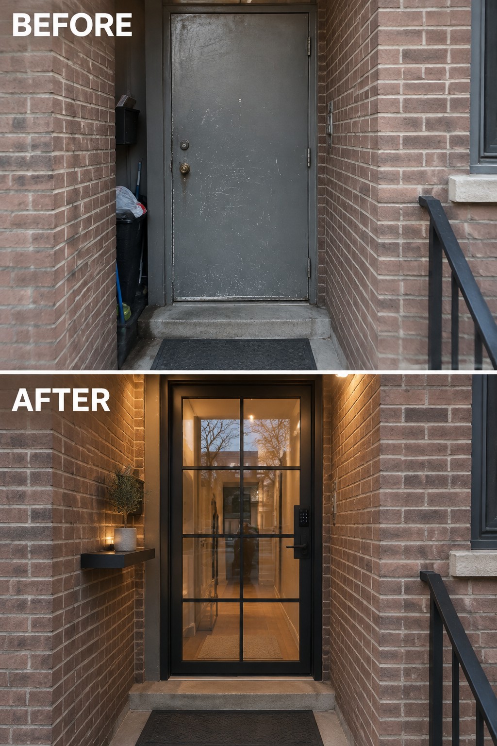 Before-and-after image of a worn gray front door replaced with a modern black door featuring glass panels and added exterior lighting.
