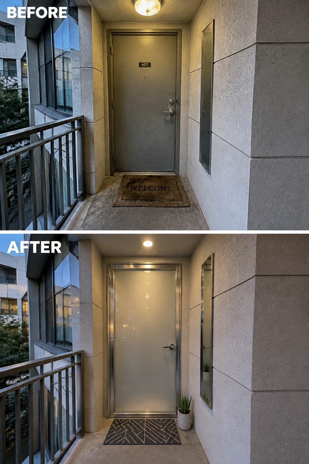 Before and after of gray door replaced by frosted glass entrance with modern mat and plant