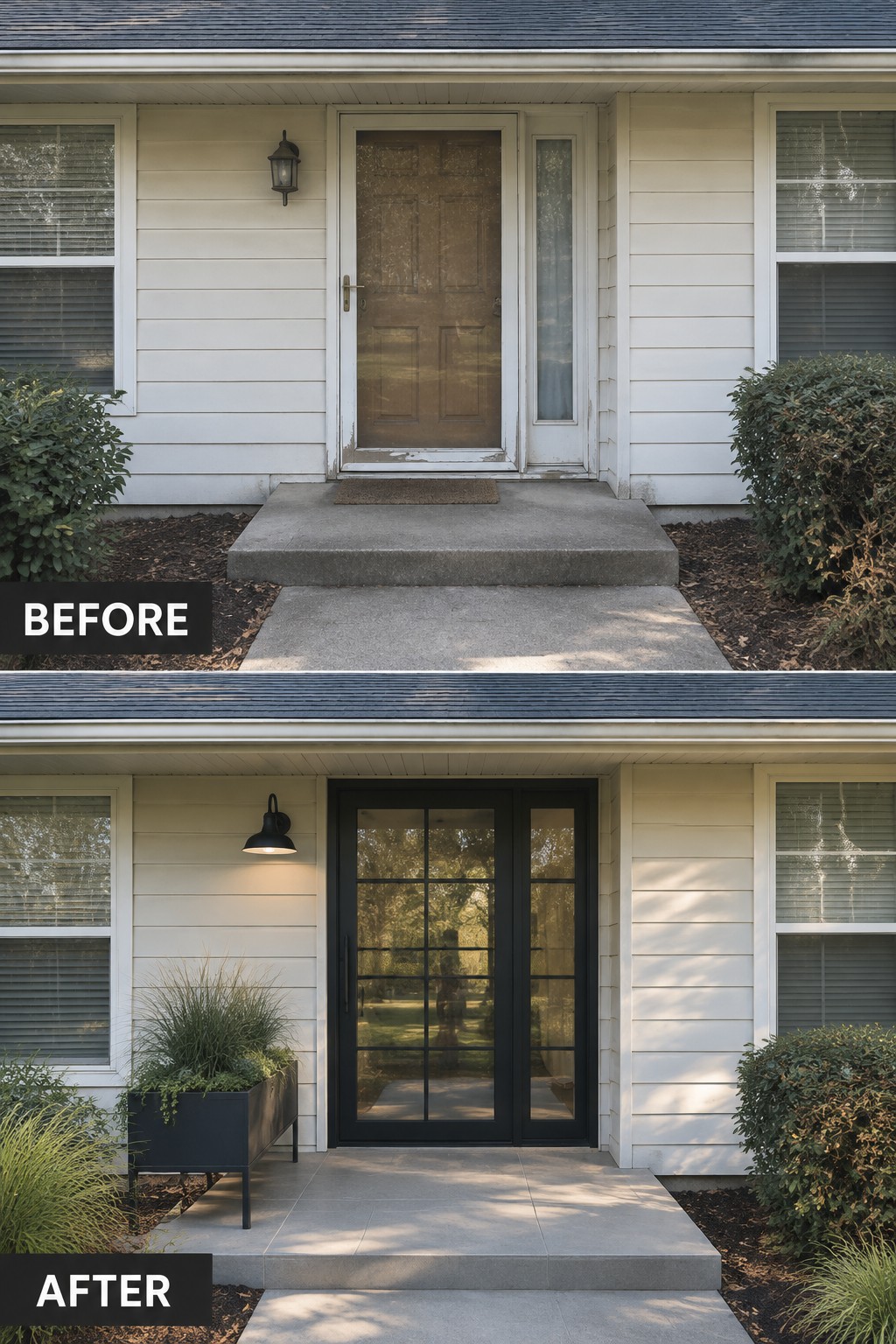 Before and after house entrance with brown door replaced by modern black glass doors