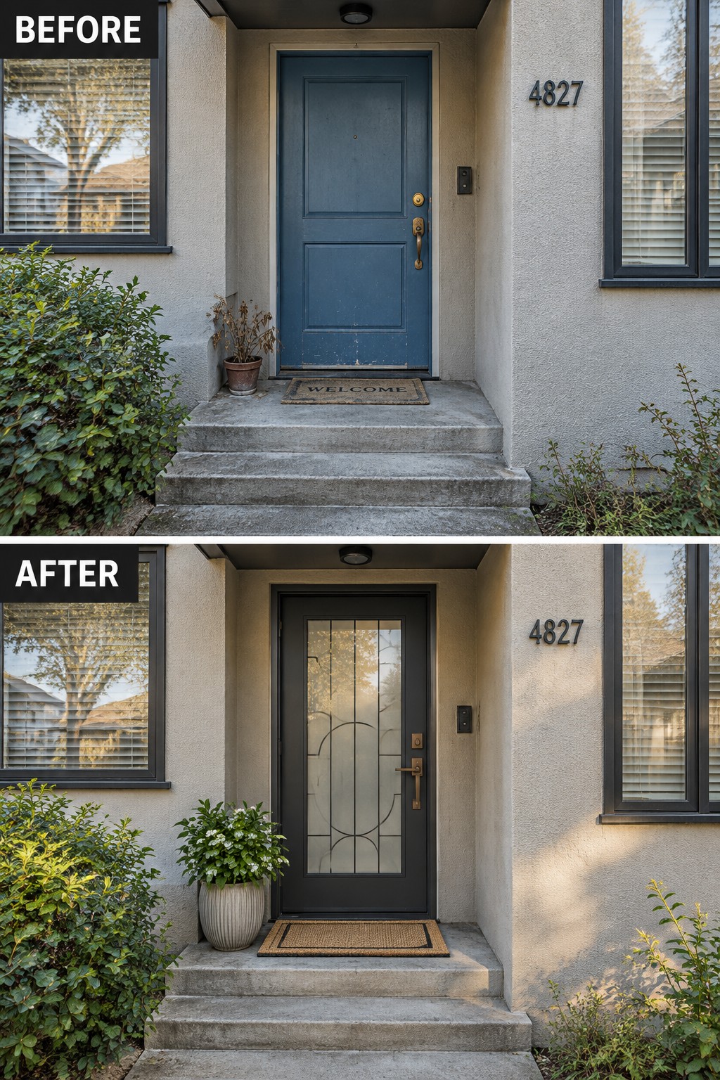 Before-and-after image of a house front entry with an outdated blue door replaced by a modern black door with glass panels and a fresh potted plant.