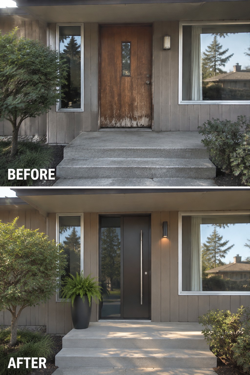 Before and after of old wooden door replaced with modern dark door on house