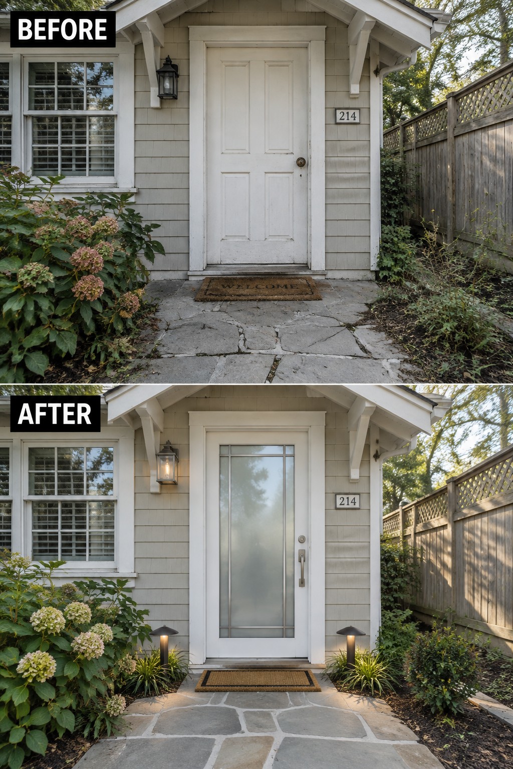 Before-and-after image of a house front entry with a solid white door replaced by a modern door with frosted glass panels and metal hardware.