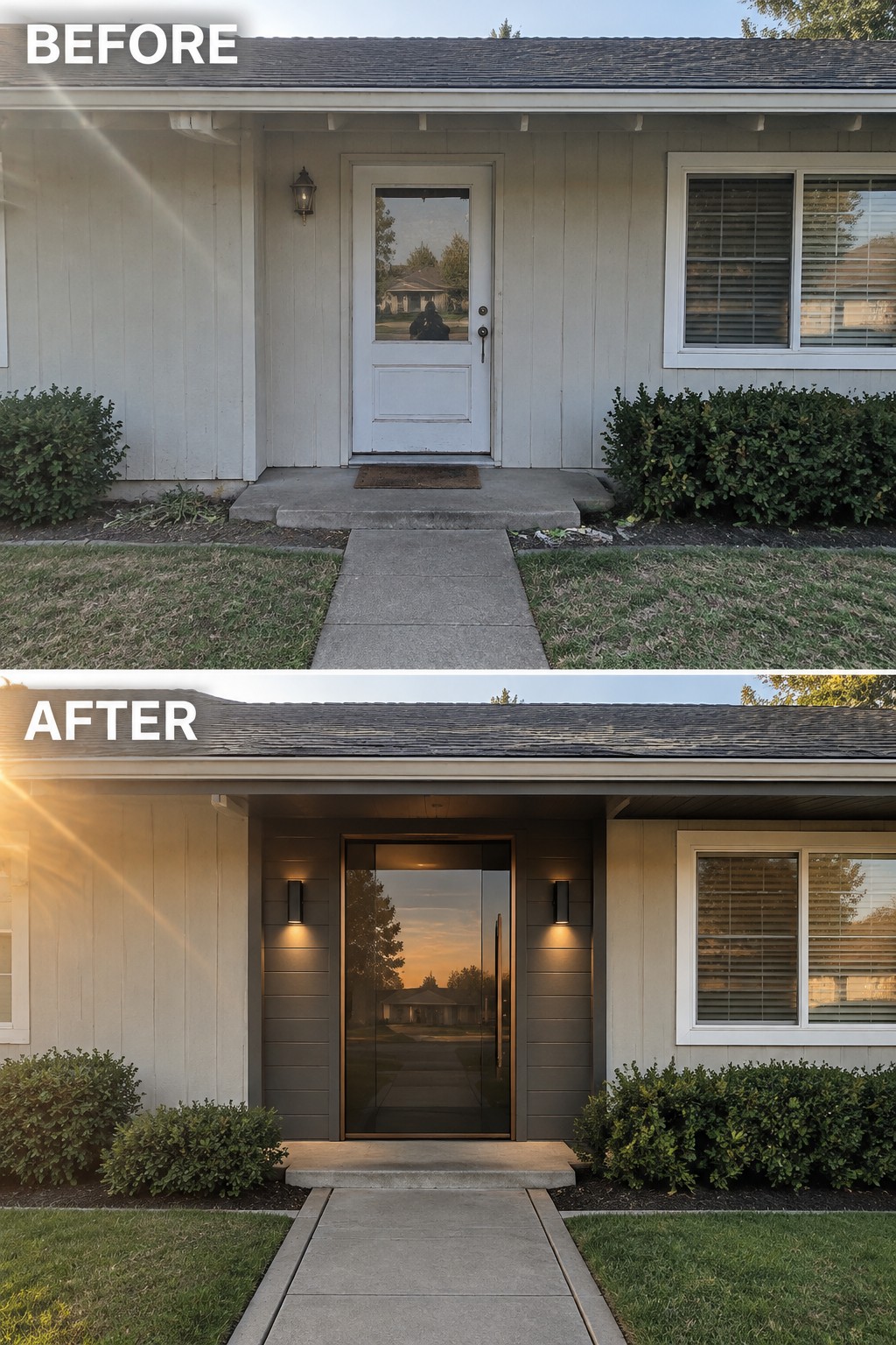 Before-and-after house entrance showing old white door replaced by modern glass design with lights