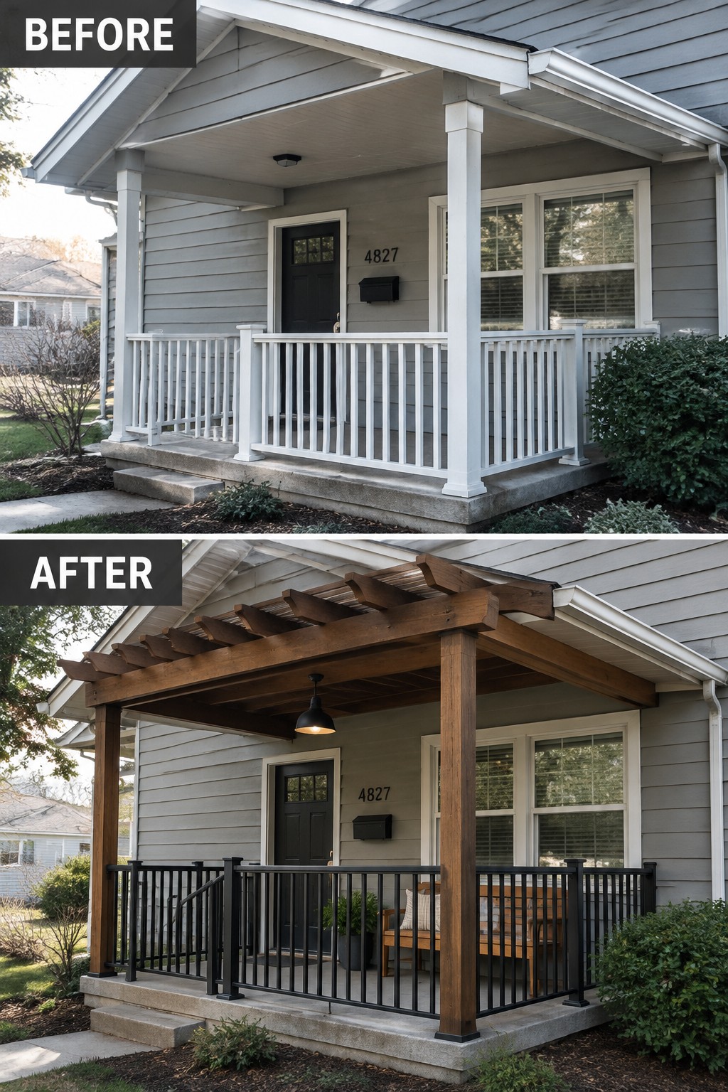 Before and after porch renovation: white railings replaced by wooden pergola and black metal fencing.