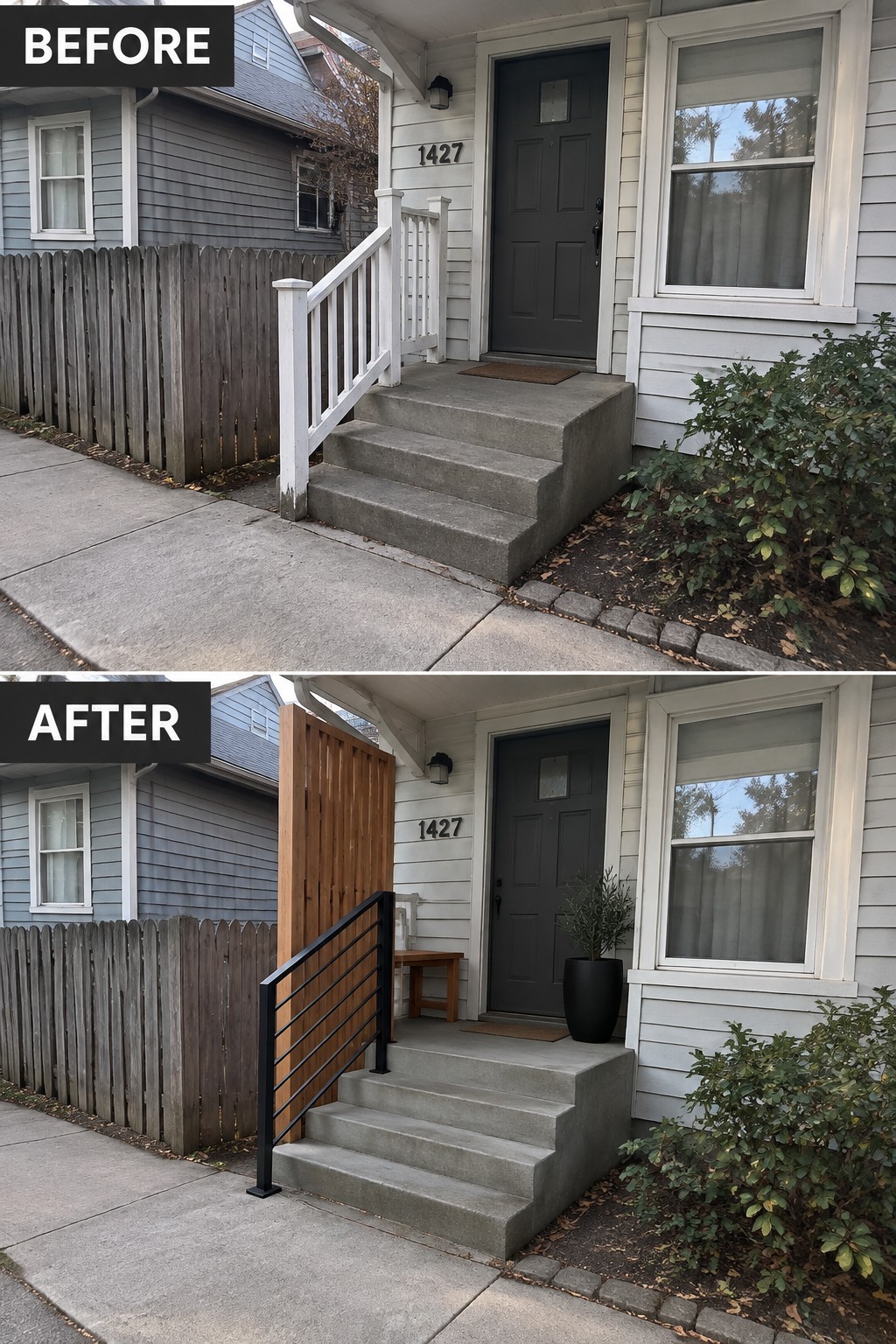 Before and after porch renovation with new black railing, wood screen and potted plant