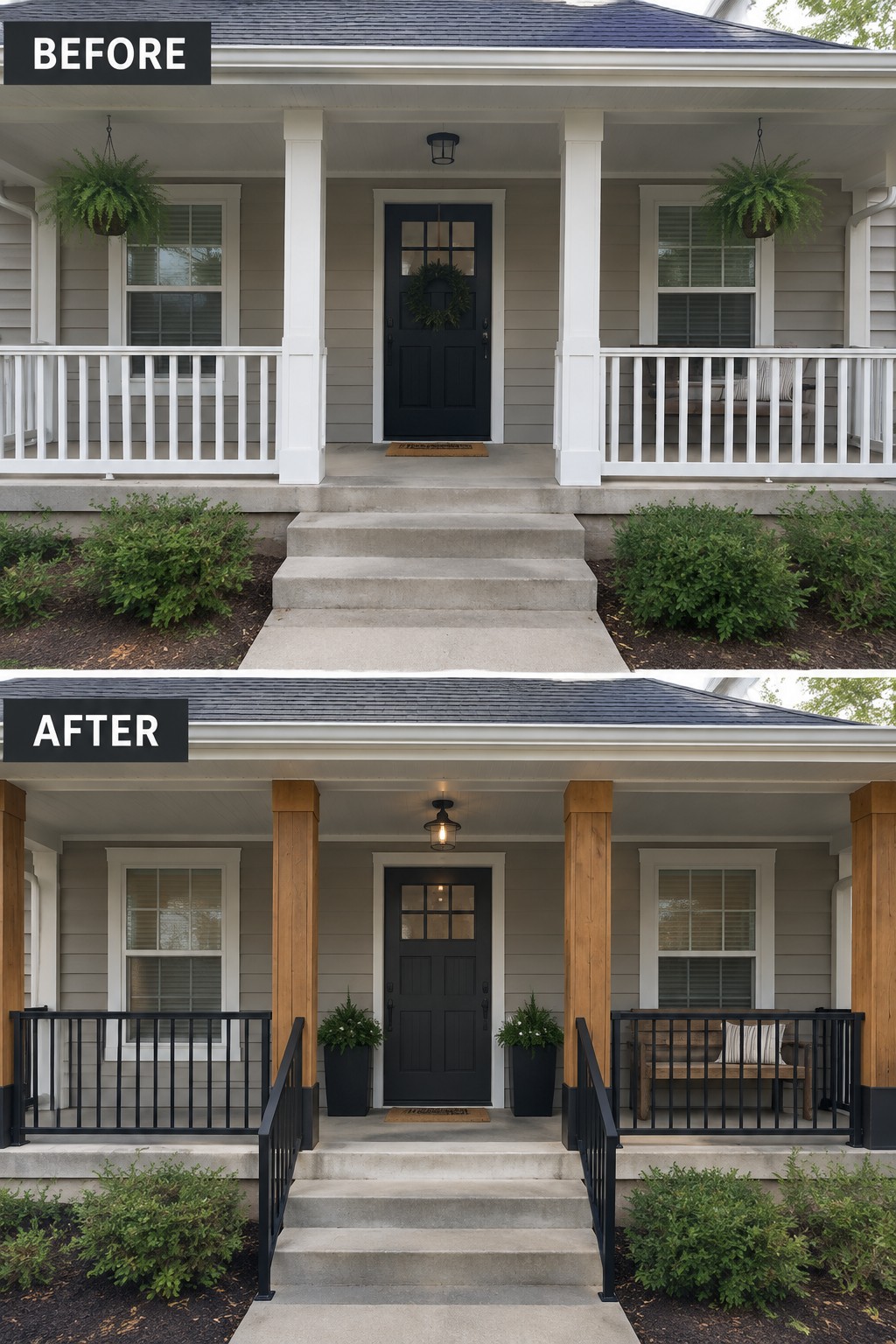 Before and after of gray house porch with new wooden columns and black railings.