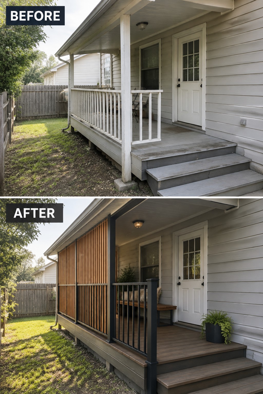 Before-and-after image of a front porch updated with wood slat screening, black railings, and a built-in bench.