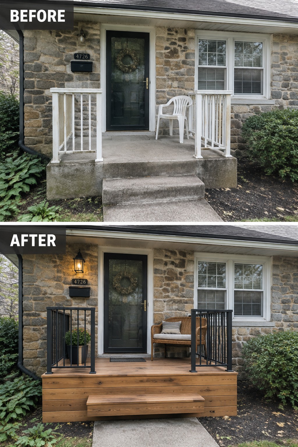 Before and after porch upgrade: concrete steps with white railings replaced by wooden deck and black railings.