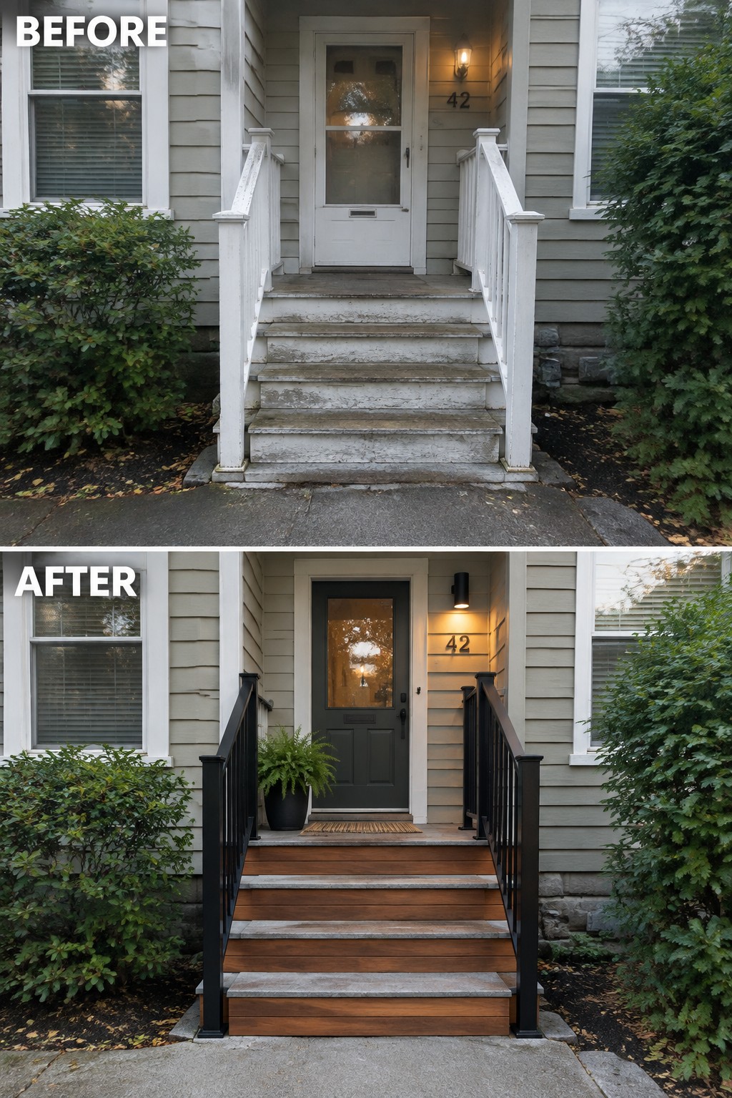 Before and after house entrance with new wooden steps, black railings, and dark door