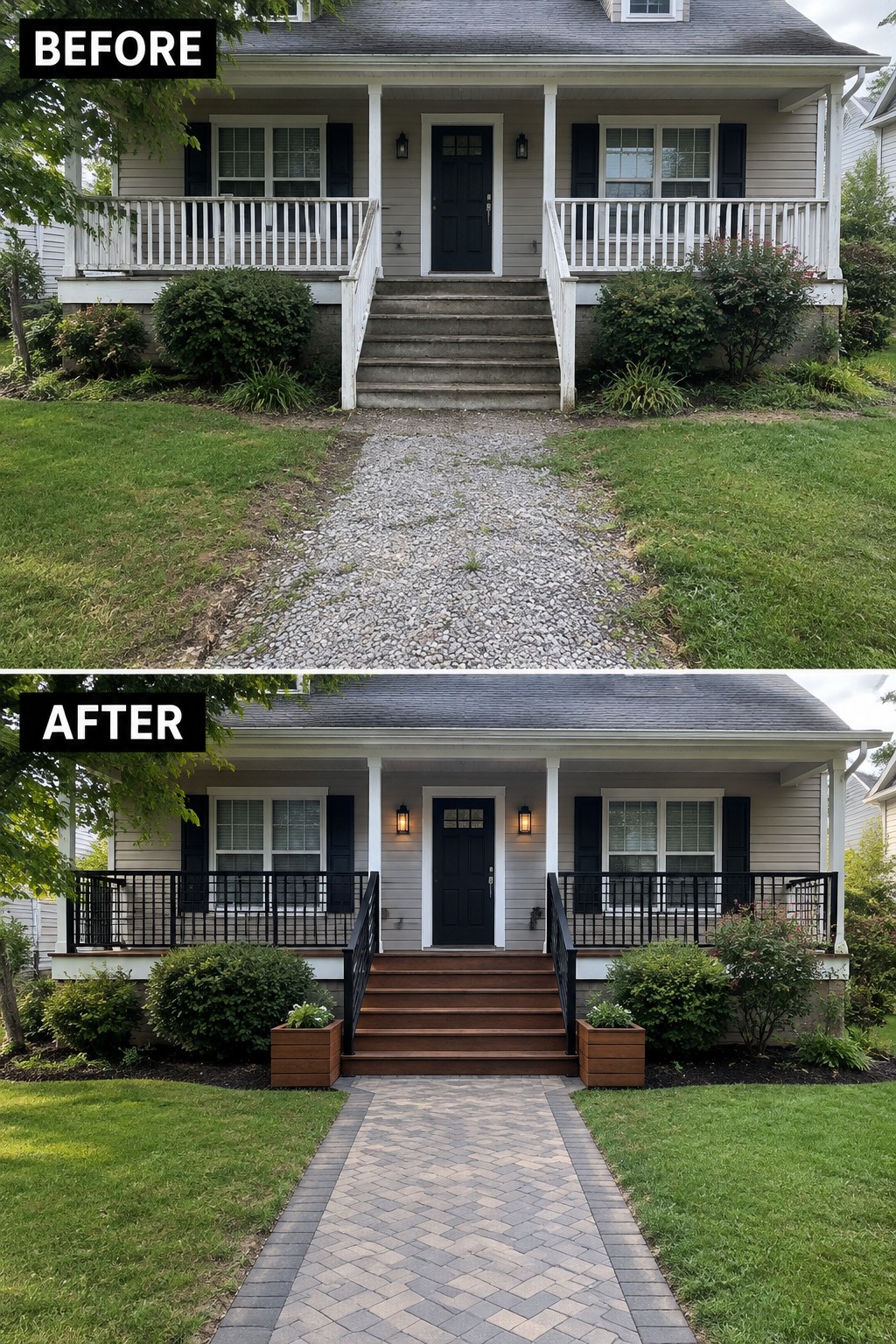 Before-and-after house porch renovation with new black railings, wooden steps, and paved walkway.
