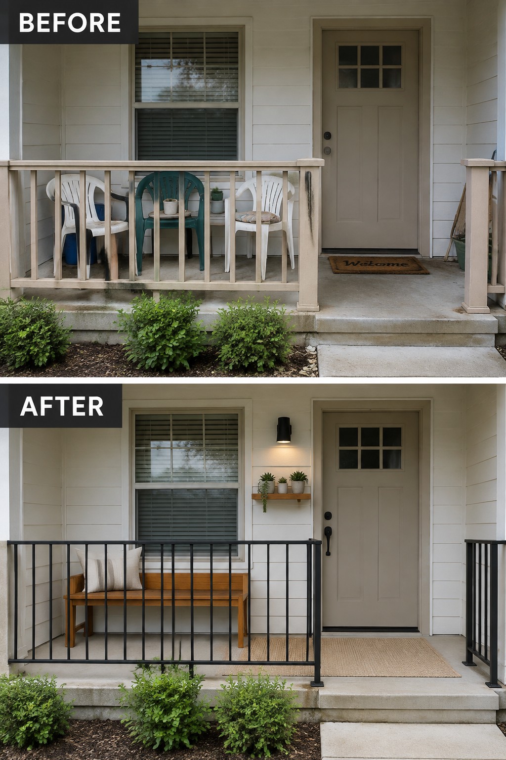 Before-and-after porch makeover: cluttered plastic chairs replaced by wooden bench and black railing