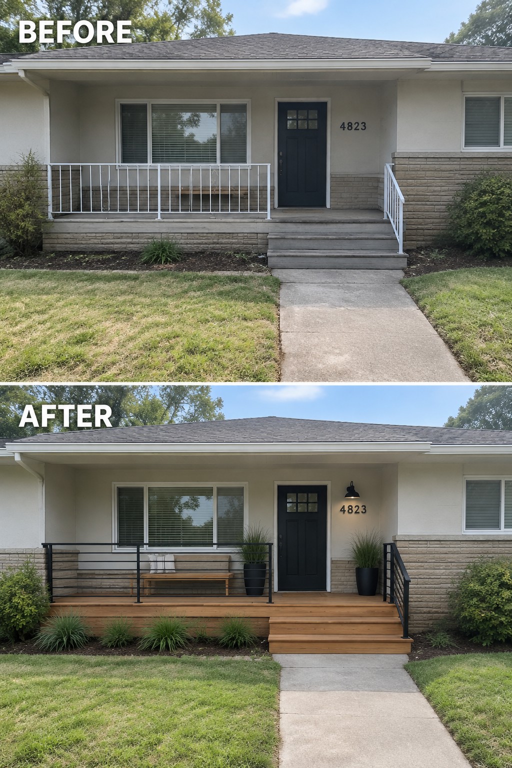 Before and after of a house porch renovation with wooden deck and black railings