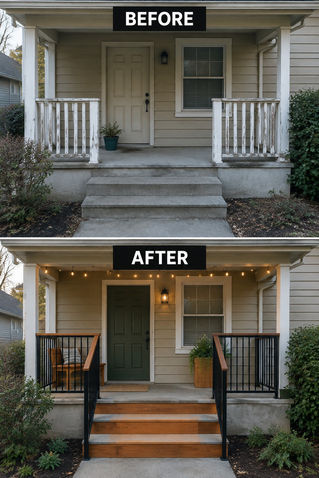 Before-and-after image of a front porch with worn white railings updated to black railings with wood accents, a green door, string lights, and wooden steps.