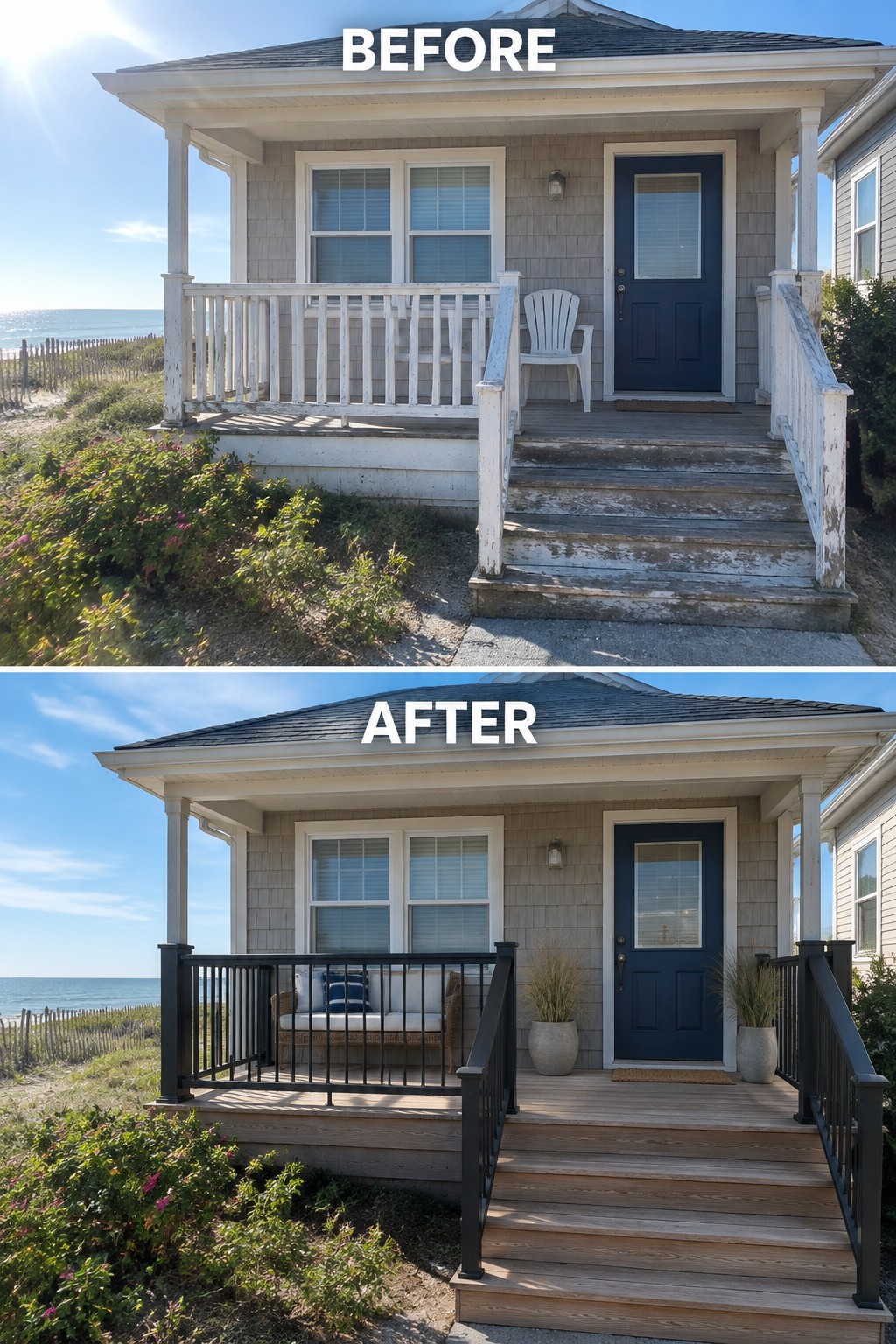 Before-and-after beach house porch renovation with new black railings and light wood deck.