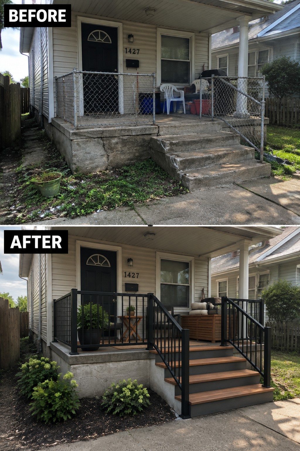 Before and after porch renovation with new black railings, wood steps, and landscaping.