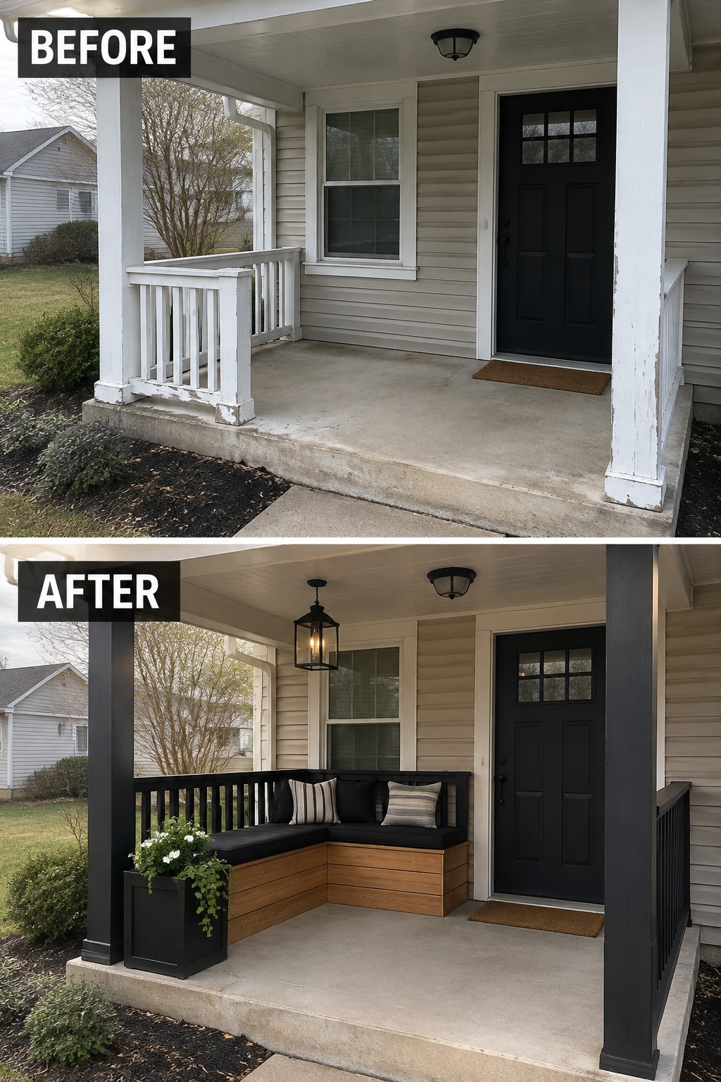 Before and after porch renovation with black pillars, built-in bench, and planters