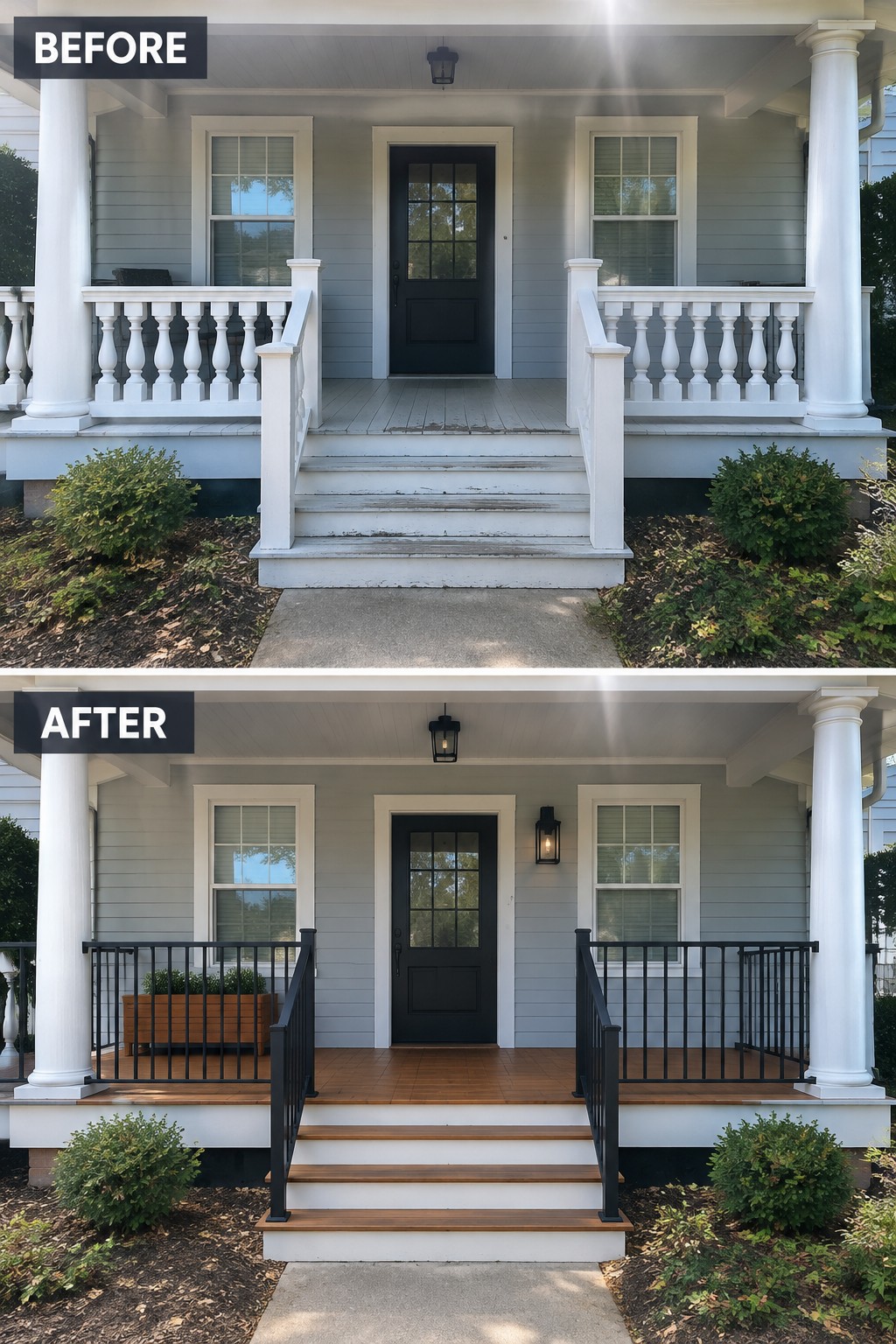 Before-and-after image of a front porch updated with black railings, wood decking and steps, and new lighting.