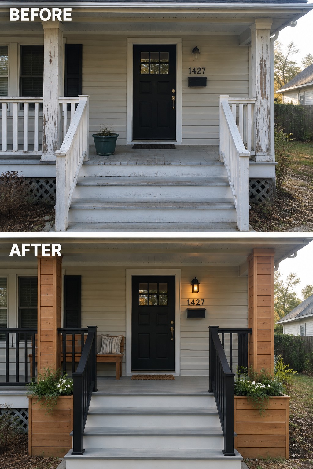 Before and after porch renovation with stained wood posts and black railings.