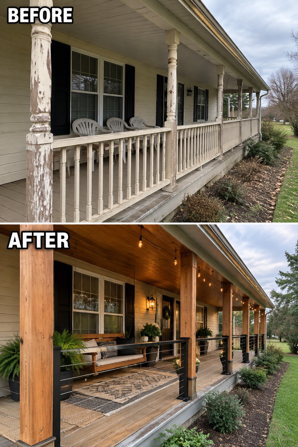 Before-and-after porch renovation from peeling white paint to stained wood with cable railings and lights.