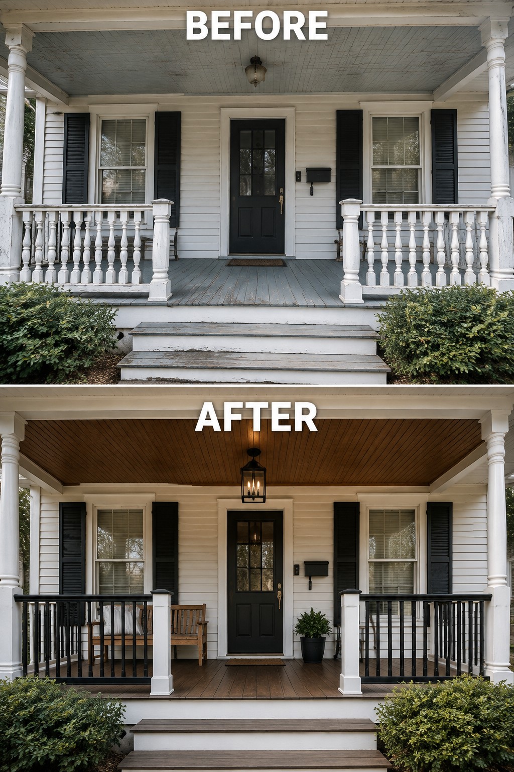 Before and after porch renovation with new brown wood and black railings.