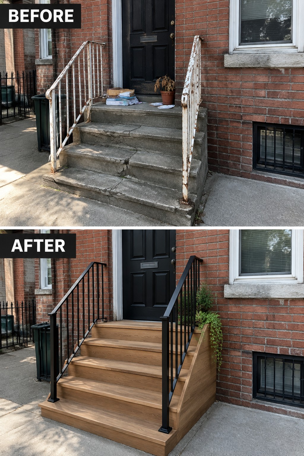 Before and after of brick house stairs renovated from concrete to wood with black railings