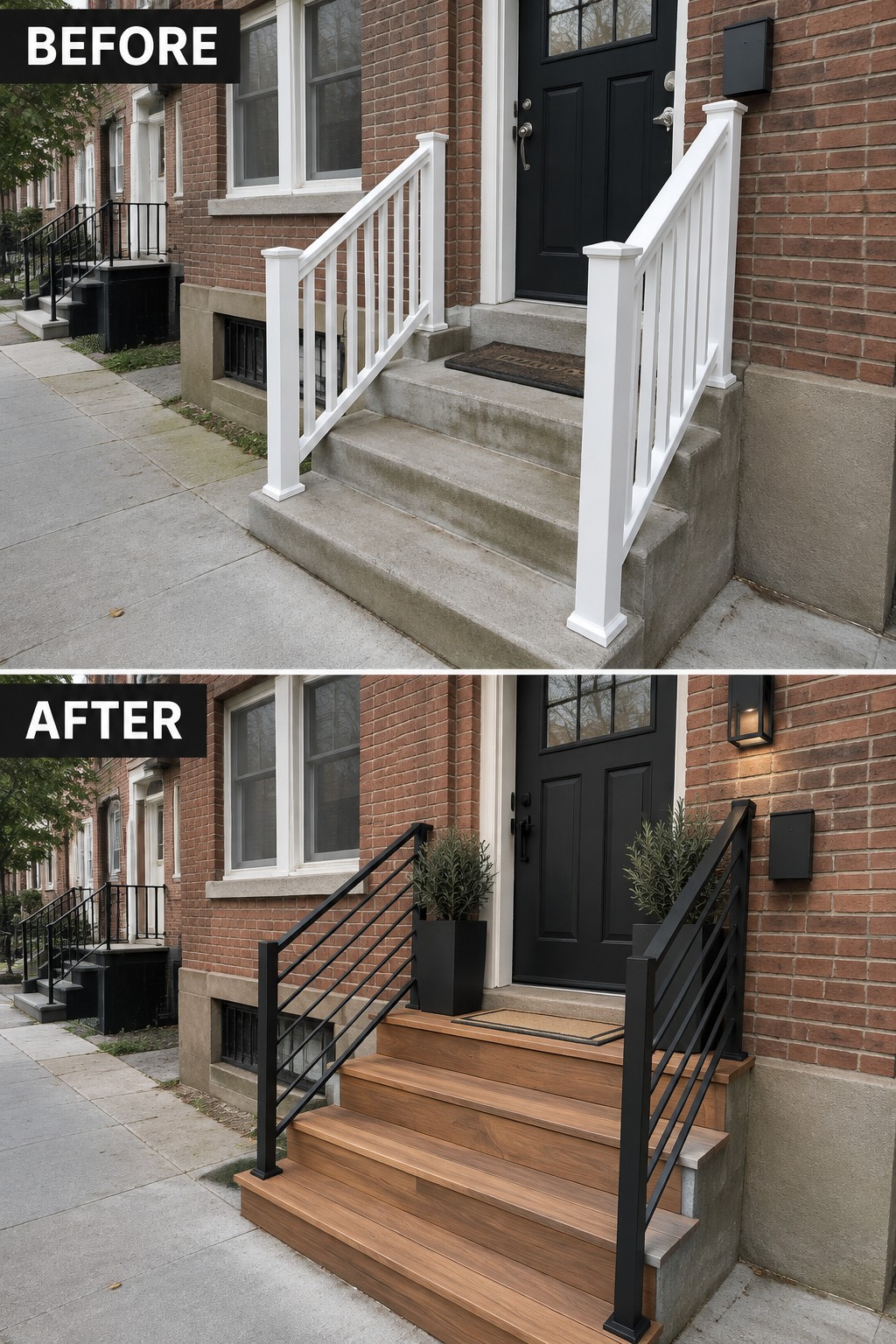 Before and after porch renovation: concrete steps with white railings replaced by wood and black metal.