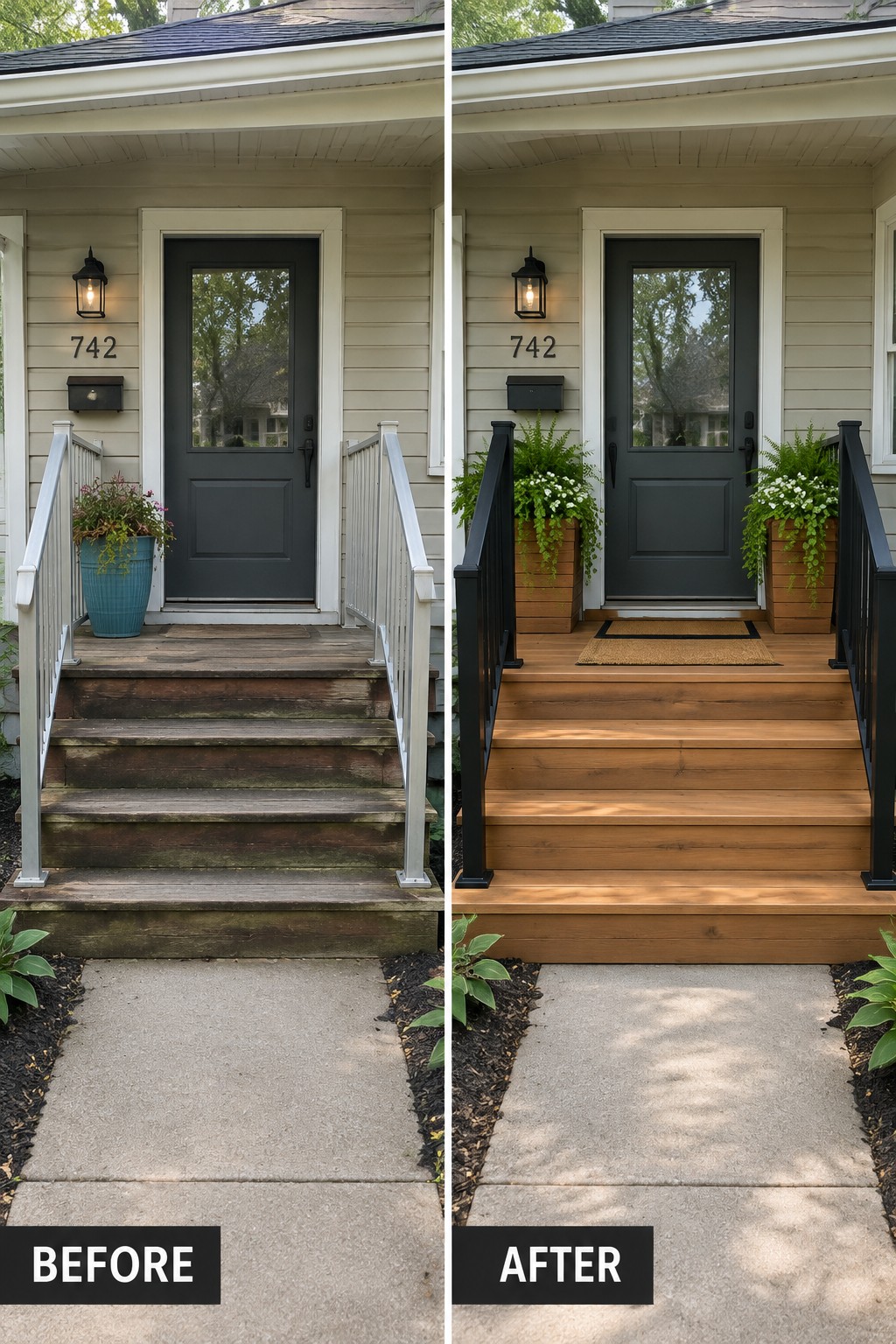 Before and after porch renovation with new stairs, black railings, and planters.