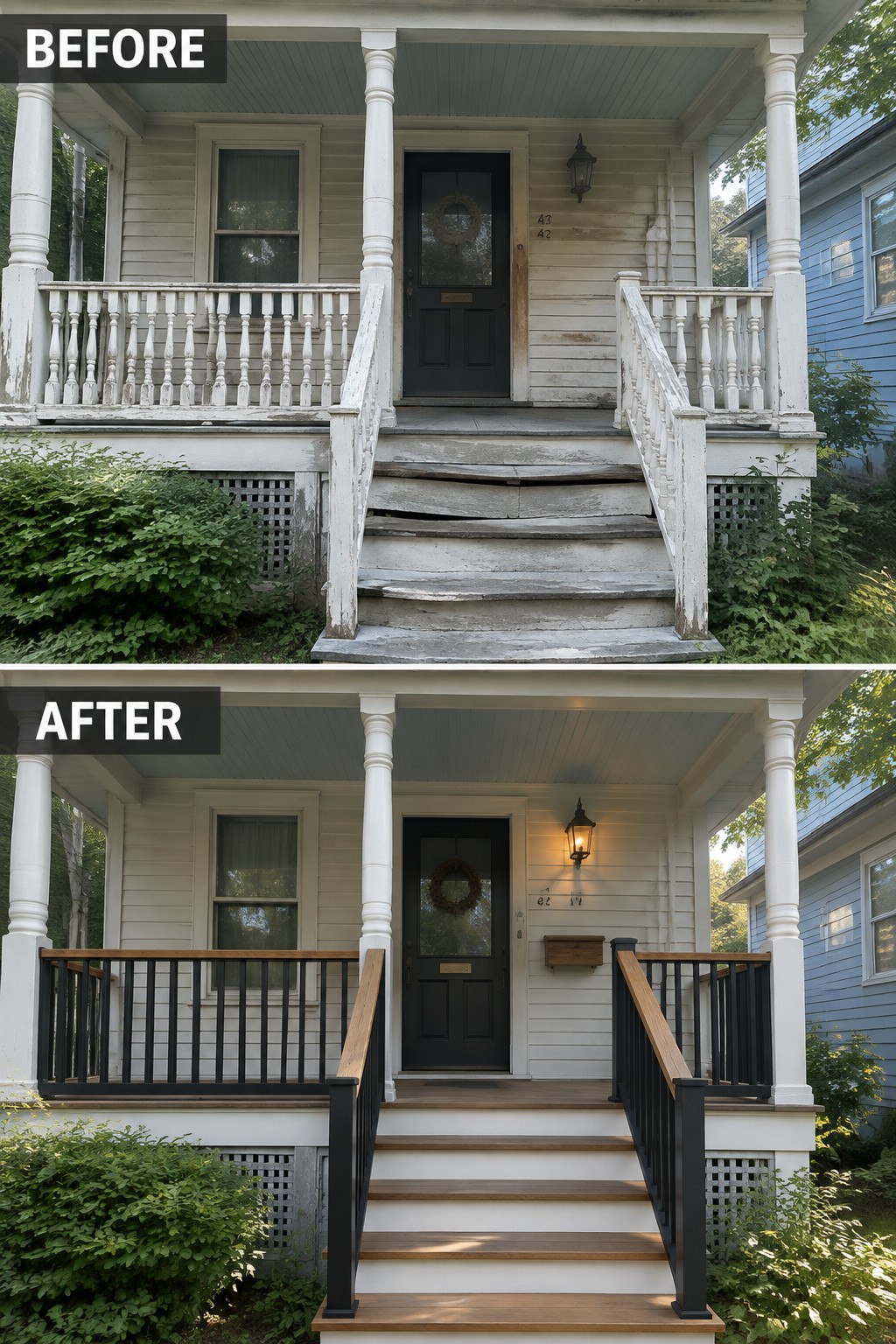 Before and after of a house porch renovation with new black railings