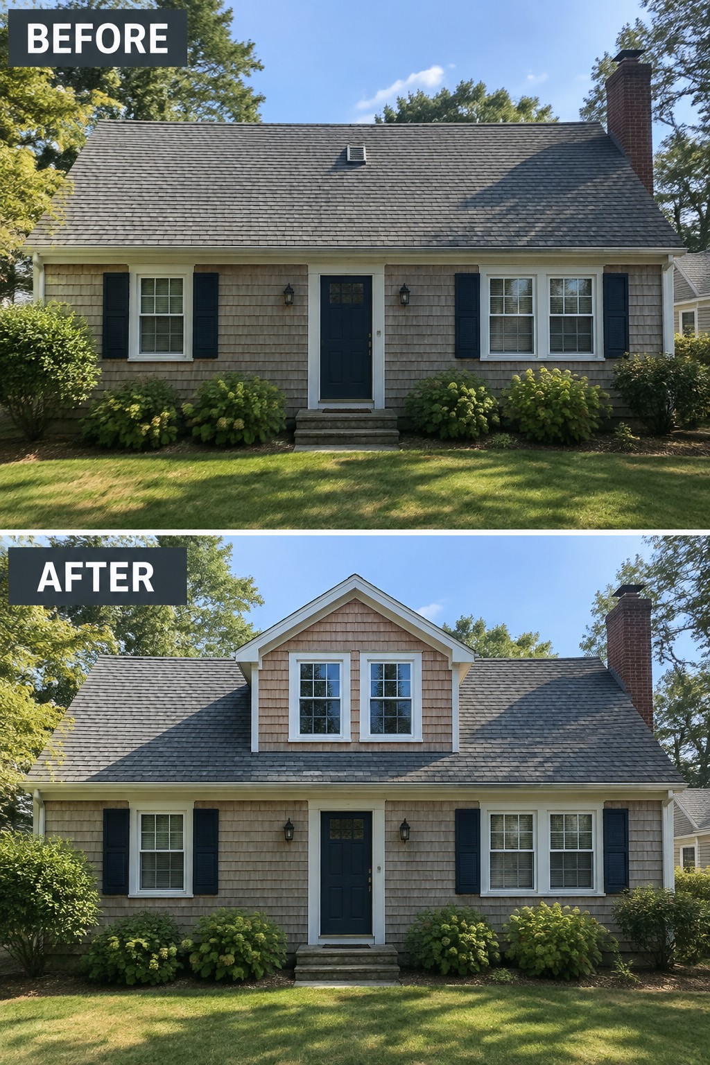 Before and after views of house with new gabled dormer added to roof