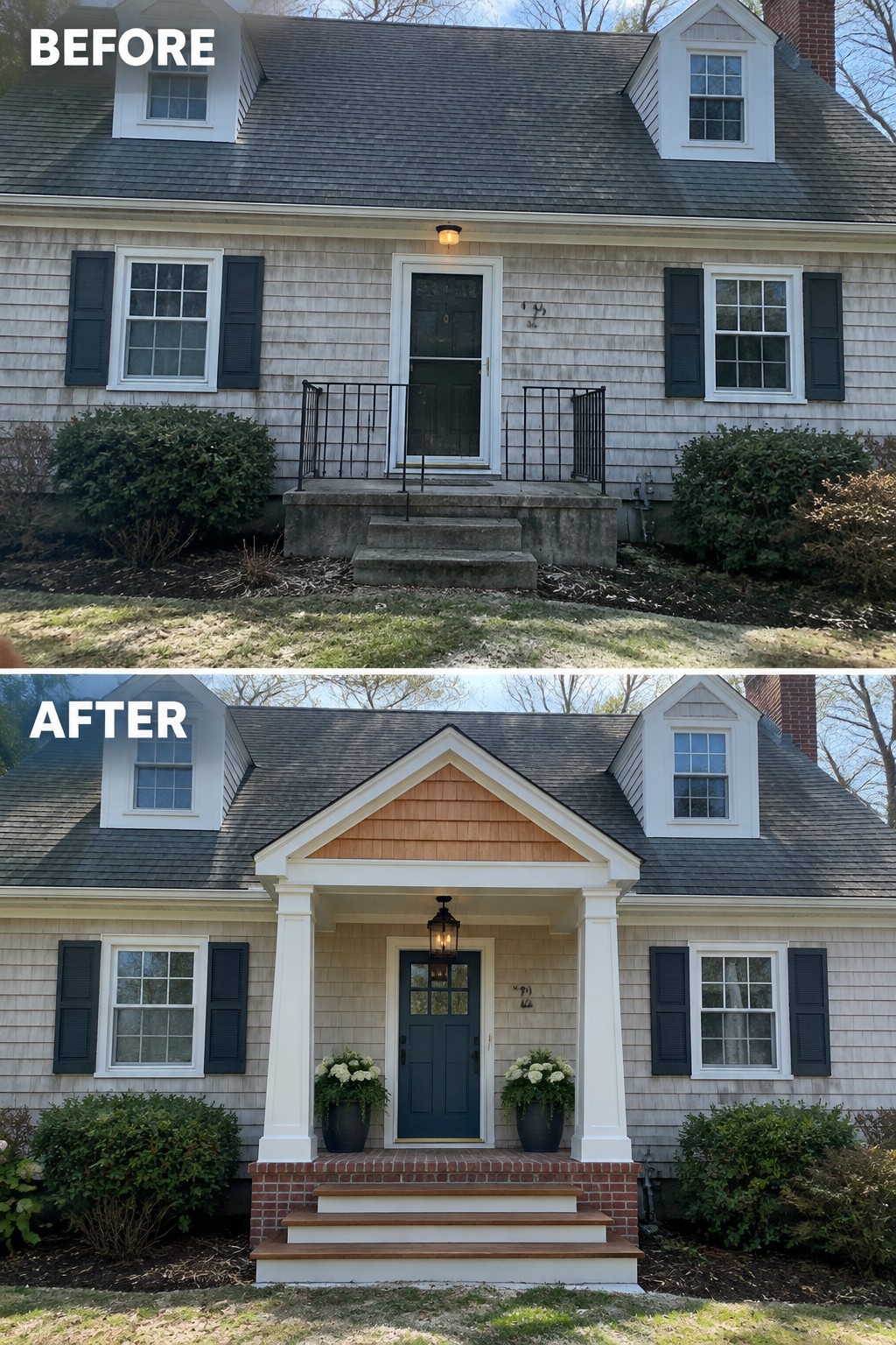 Before-and-after image of a Cape Cod house showing a plain concrete entry updated with a white columned portico, new steps, and planters.