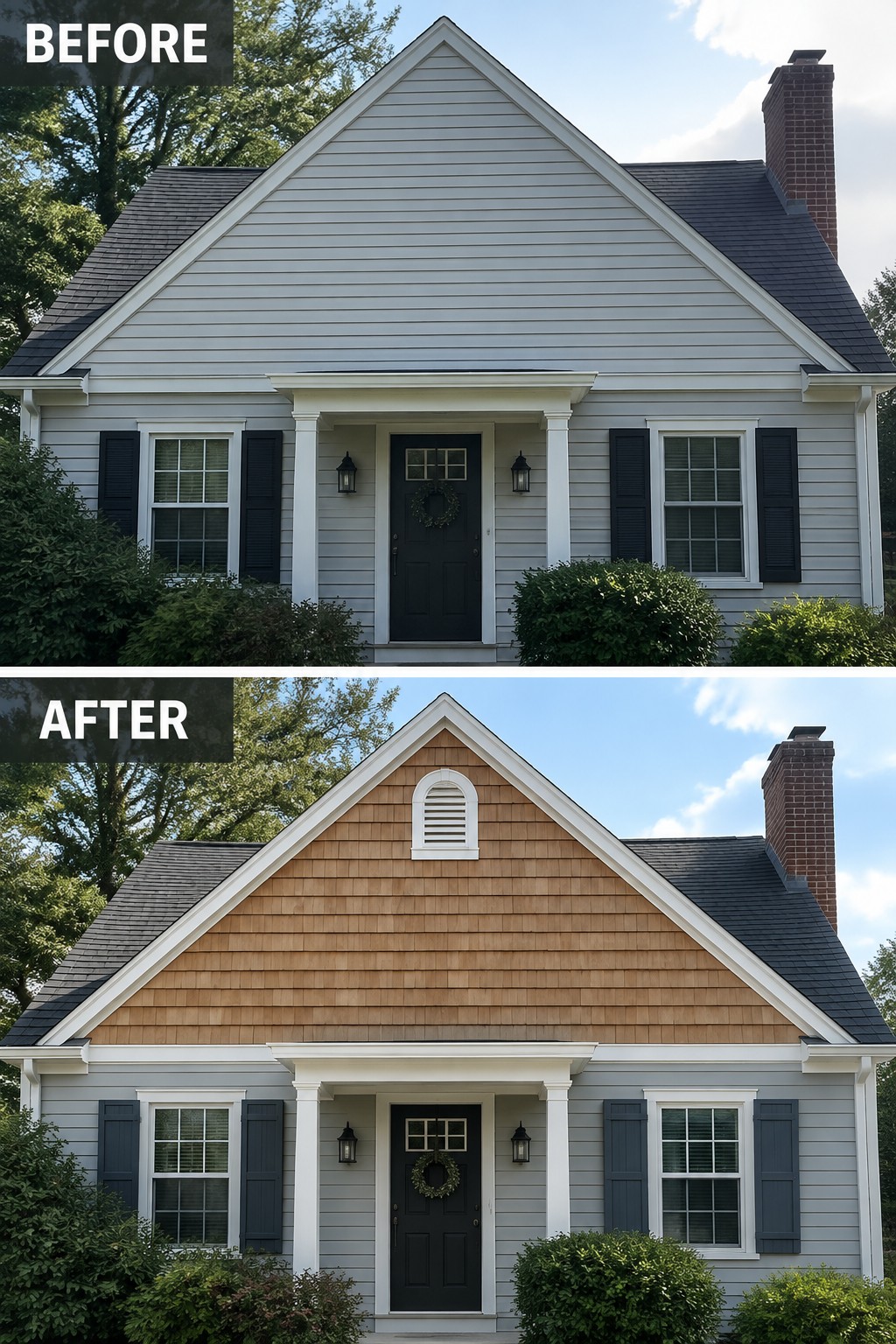 Before-and-after image of a Cape Cod house where the front gable changes from horizontal siding to cedar shakes.