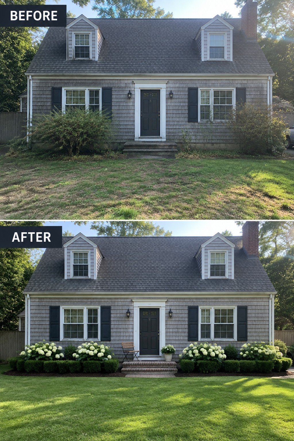 Before-and-after image of a Cape Cod house exterior showing the addition of defined mulched garden beds with white hydrangeas and boxwood shrubs along the foundation.