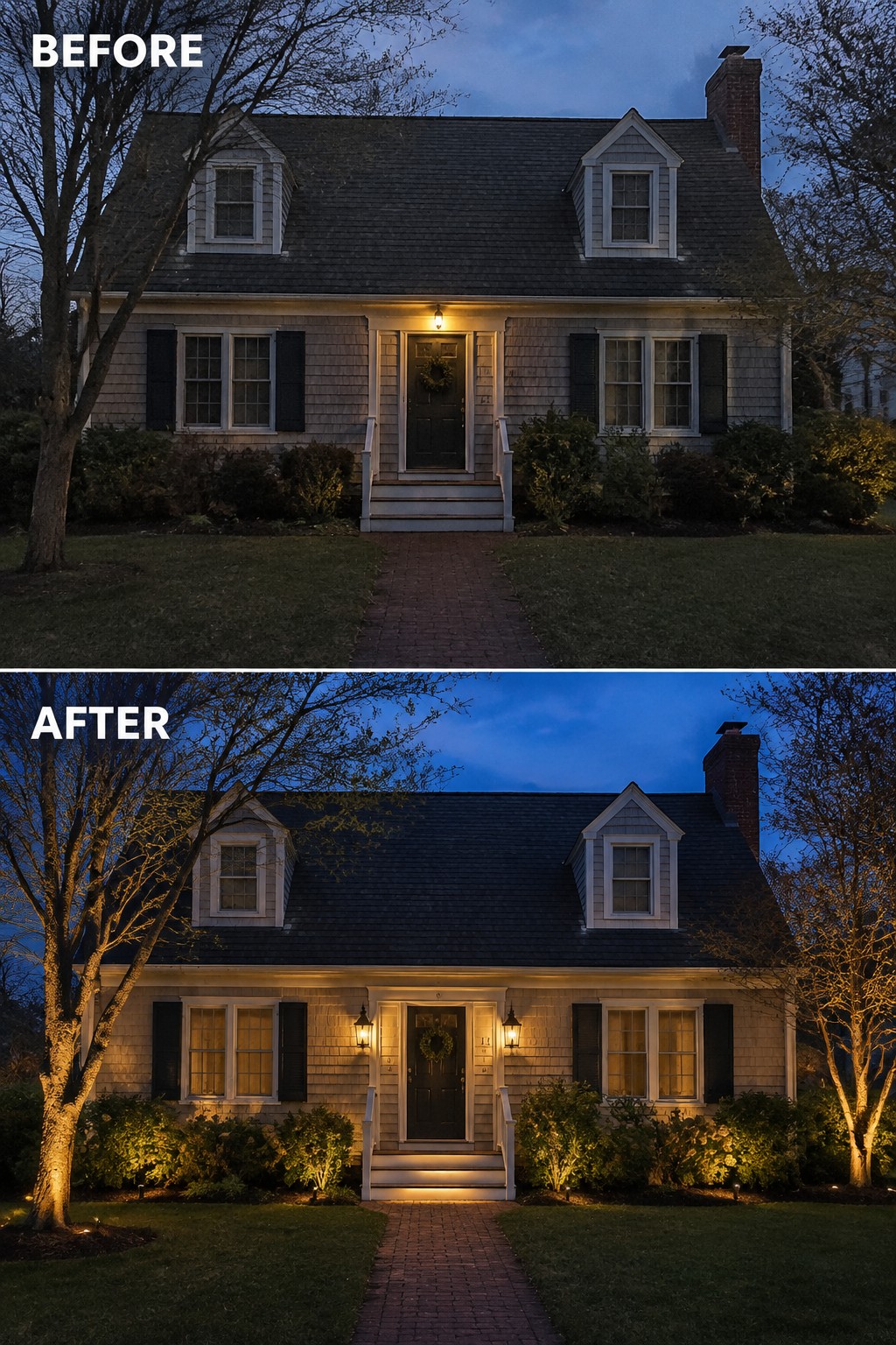Before-and-after image of a Cape Cod house exterior updated with added outdoor lighting including wall sconces, step lights, path lights, and tree uplights.