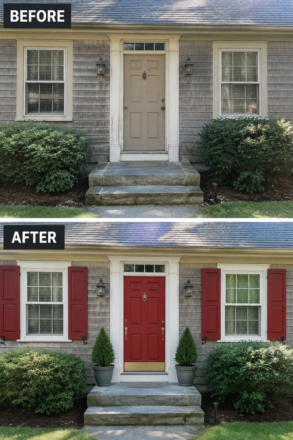 Before-and-after image of a Cape Cod home entry showing a beige door changed to red with red shutters added to the windows and two potted evergreens placed on the steps.