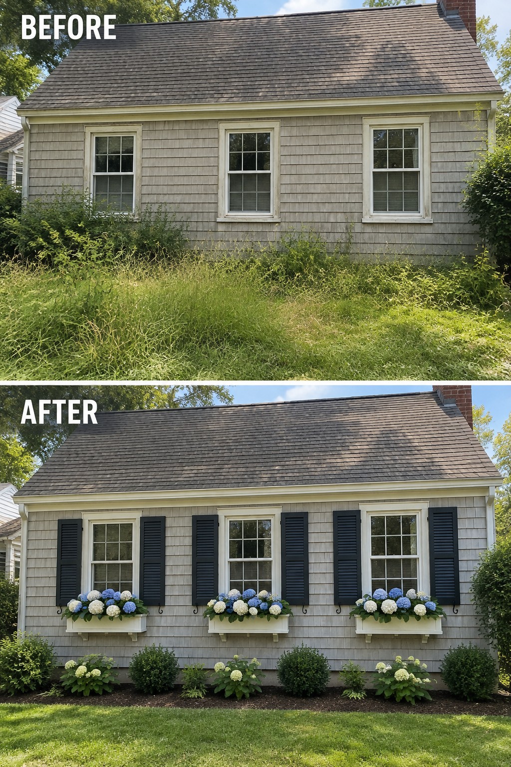 Before-and-after image of a Cape Cod house exterior updated with black shutters, flower boxes, and foundation shrubs.