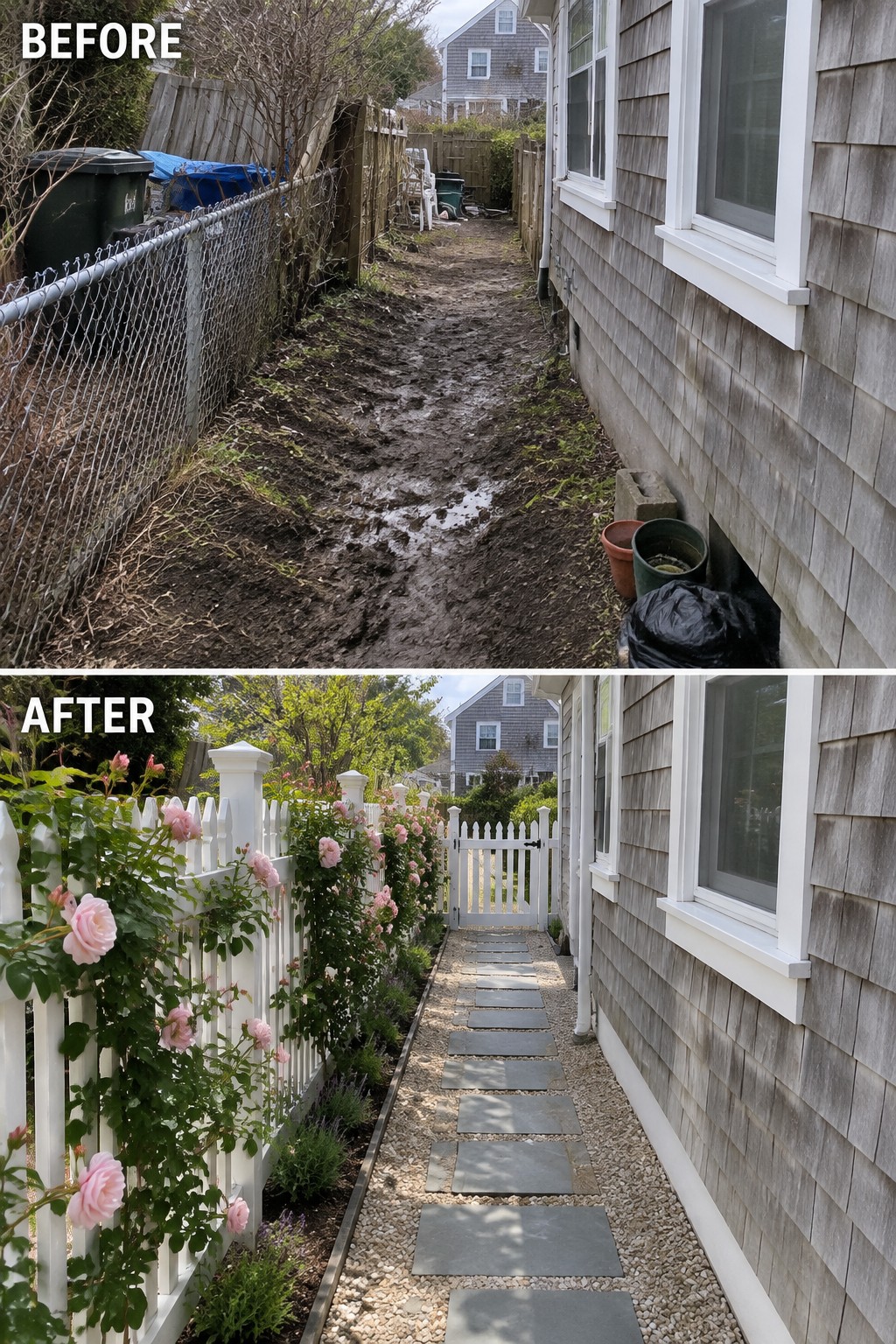Before-and-after image of a muddy side yard next to a house changed into a neat walkway with gray stepping stones, gravel borders, and a white picket fence lined with pink roses.