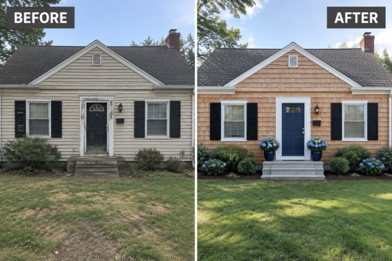 20 Practical Cape Cod Exterior Remodel Ideas for Updating Tired Facades Before and after views of house with new brown shingles, blue door and landscaping.