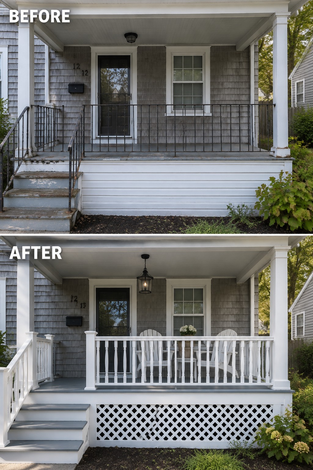 Before and after porch renovation with new white railings, lattice, and seating.