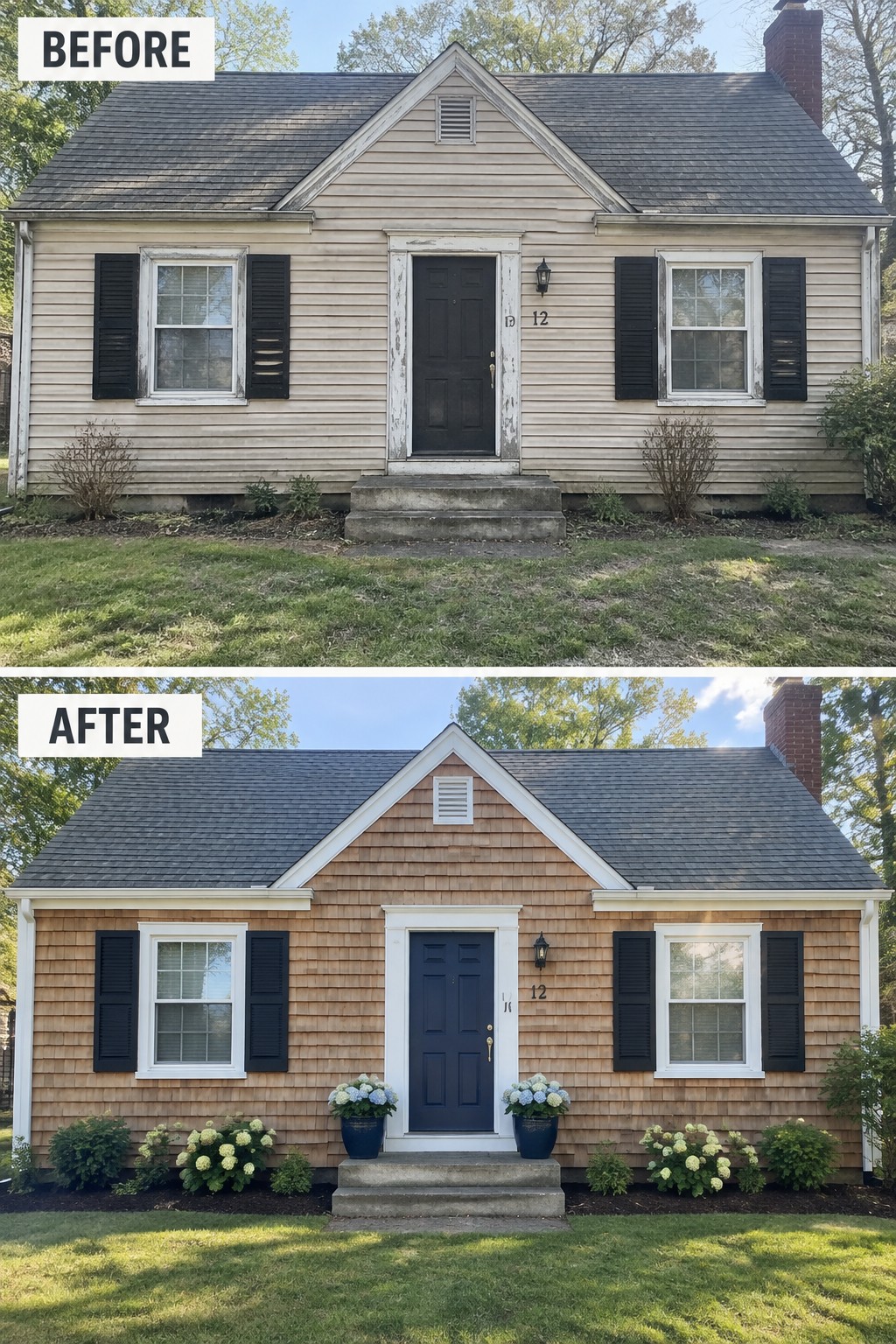 Before and after views of house with new brown shingles, blue door and landscaping.