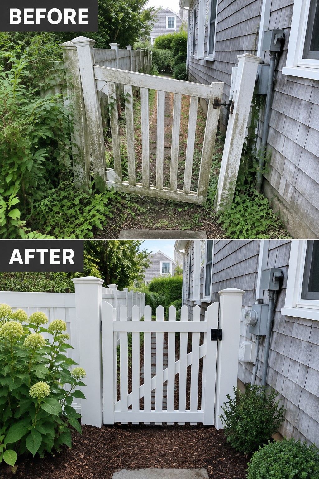 Before and after of weathered white picket gate restored beside gray house with fresh mulch.