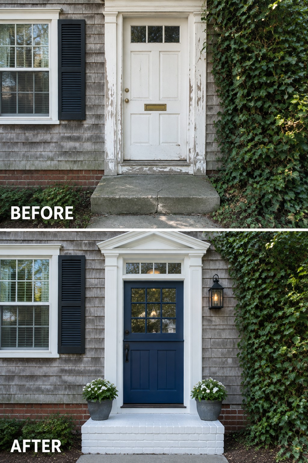 Before-and-after image of a Cape Cod home entry showing a weathered white door and cracked concrete steps updated with a navy door, white brick steps, and two potted plants.