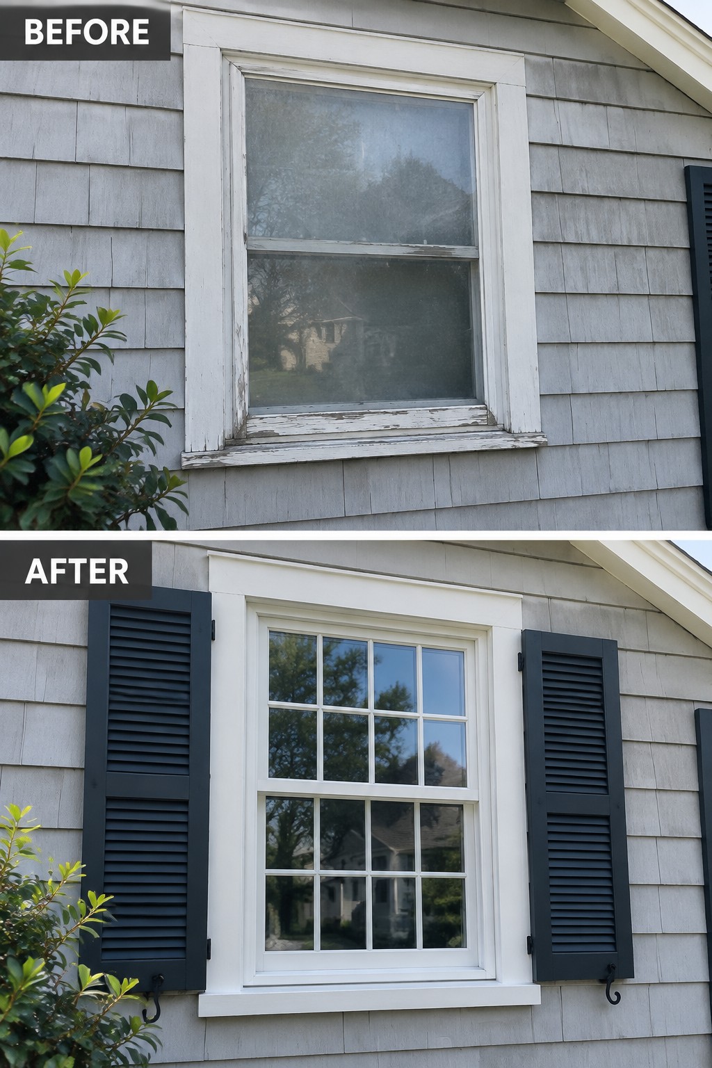 Before-and-after image of a house window with peeling white trim updated to fresh paint and dark shutters on both sides.
