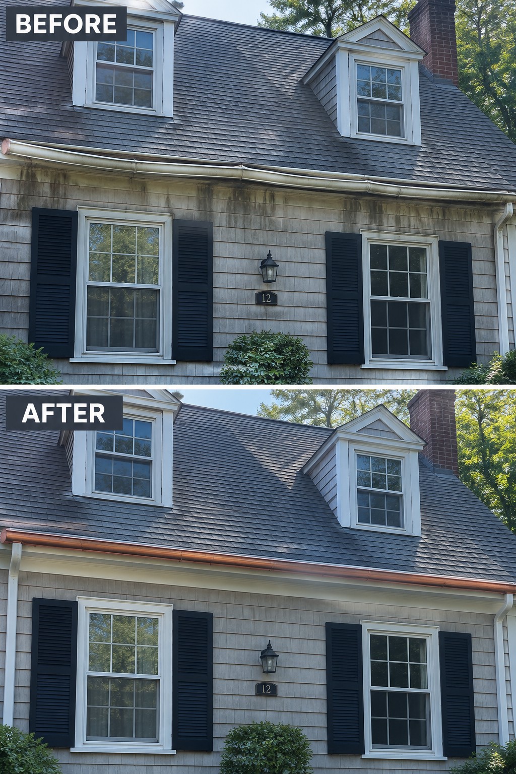 Before and after house exterior with cleaned siding and copper gutters